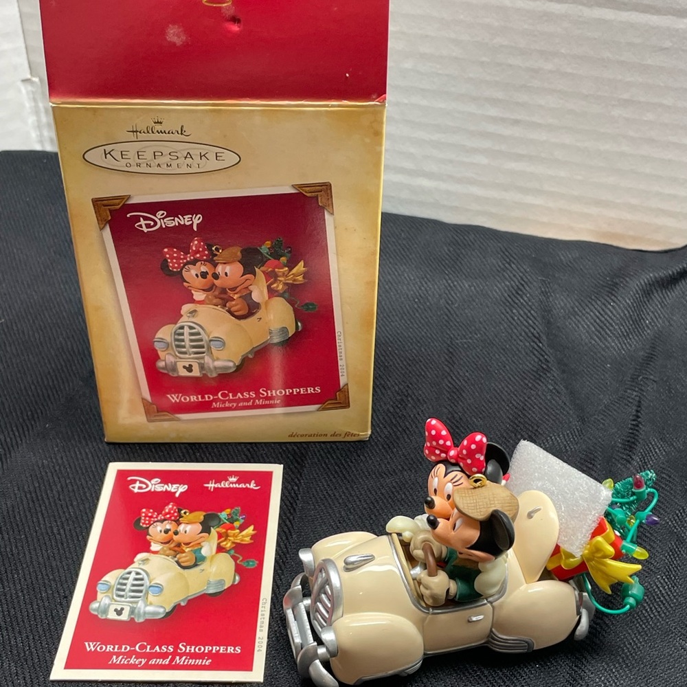 Hallmark Disney Minnie & Mickey Cream Car Ornament with Red Bow